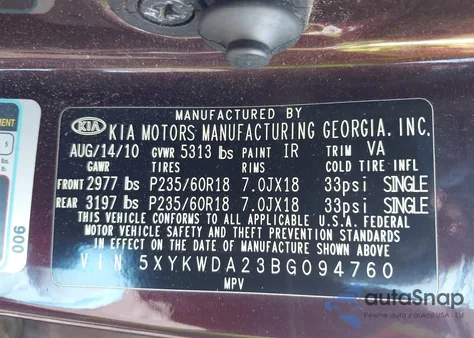 2011 Kia Sorento Sx V6 z USA, uszkodzony, nr VIN 5XYKWDA23BG094760